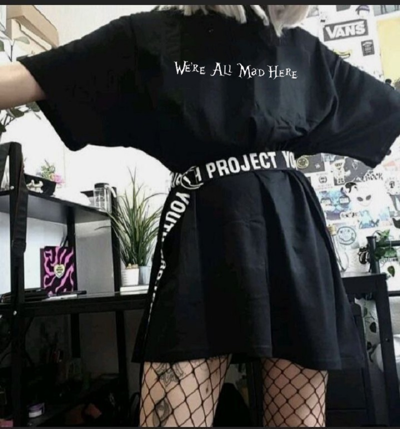

Aesthetic We're All Mad Here Harajuku Women Tee Streetwear Casual Cotton Fashion Egirl Oversized T Shirt Y2k Graphic Tops 210518, Black tee