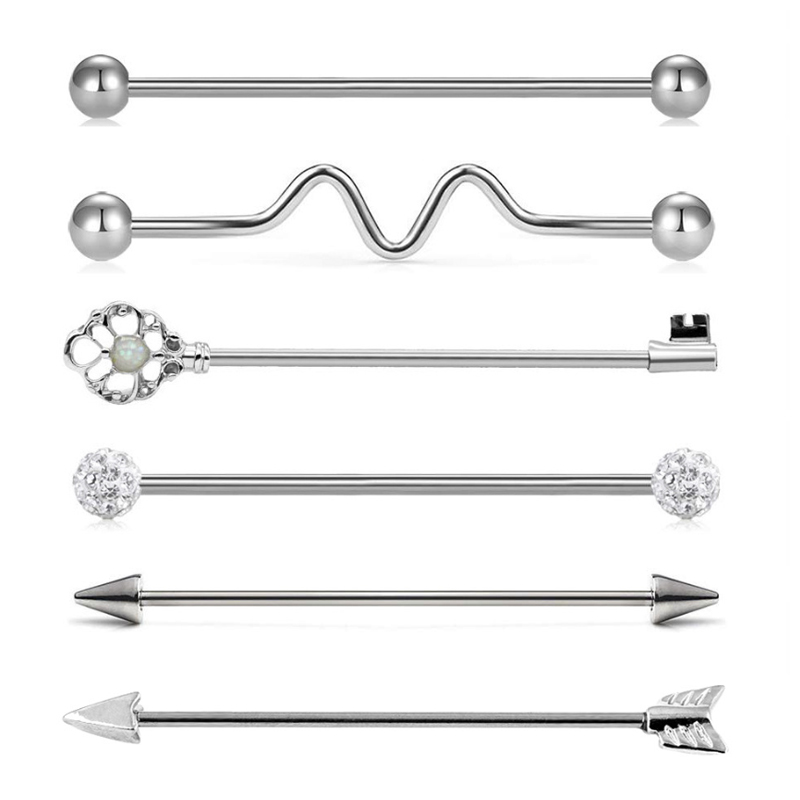

Stainless Steel Geometric Body Jewelry 6 in 1 Long Industrial Barbell Ear Cartilage Helix-Conch Piercing Bar Earrings Stud