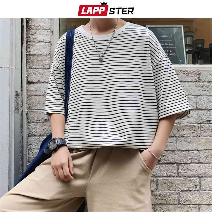 

LAPPSTER Men Oversized Striped Tshirts Harajuku Cotton Tops Mens Colorful Yellow Couple Streetwear T-shirts Tees 210721