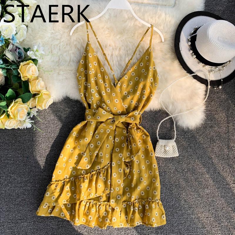 

Sarongs Yellow Printed V-neck Sexy Backless Belt Irregular Dress Macheda Cross Bandage Women Sleeveless Halter Summer Pri, Blue;gray