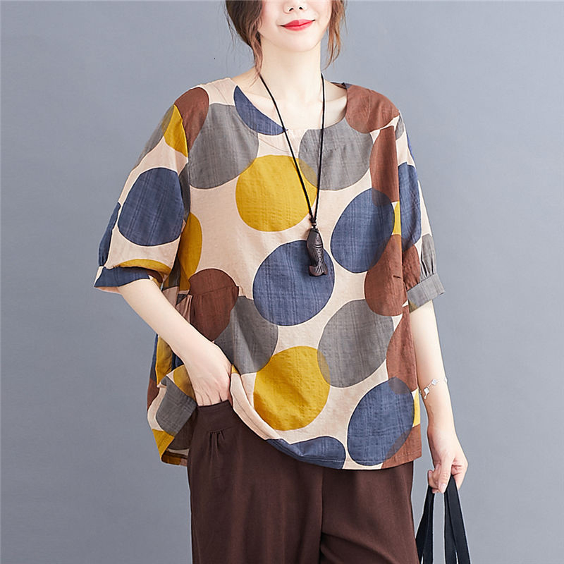 

Women's T-Shirt Summer Arts Style Women Loose O-neck T-shirt Polka Dot Print Cotton Linen Tee Shirt Femme Vintage Tops Big Size M0, Brown