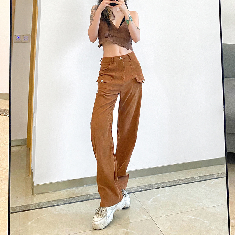 

women Long Corduroy Pants middle waist straight long trousers pockets styled Casual female pants 210524, Khaki