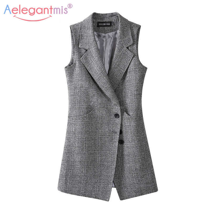 

Aelegantmis Long Plaid Vest Women's Sleeveless Blazer Spring Autumn Large Size 4XL Women Suit Female Waistcoat Office 210607, Plaid gray