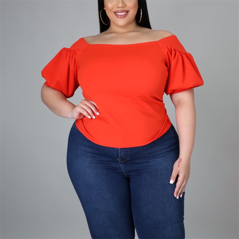 

3XL 4XL Plus Size Blouses For Women Fat Summer Square Neck Orange Solid Fashion Tops Shirts Big Office Ladies 210510, Orange blouse