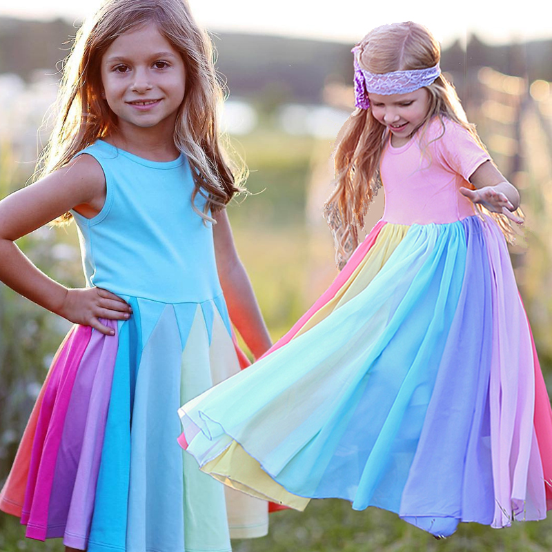 

2021 Spring Girls Dress Brand New Arrival Kids Pastel Rainbow Dress Cotton Ankle-length Princess Dress for Girls Casual Clothing, Red;yellow