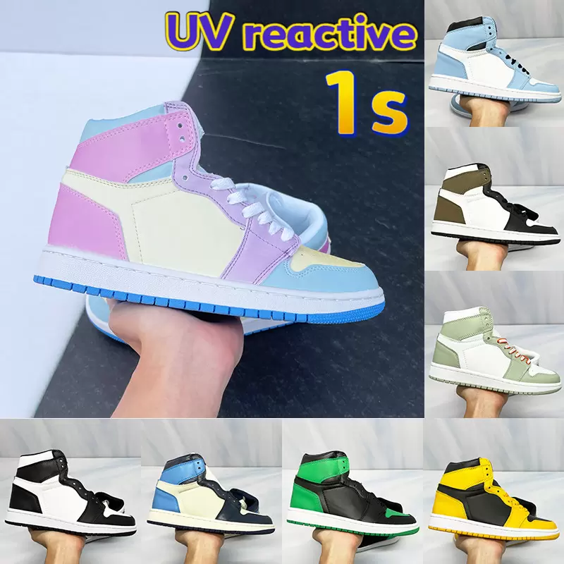 

Newest 1 1s UV reactive University Blue basketball Shoes dark mocha BARELY ROSE pollen seafoam hyper royal twist UNC men women designer Sneakers, Patent bred (1s)