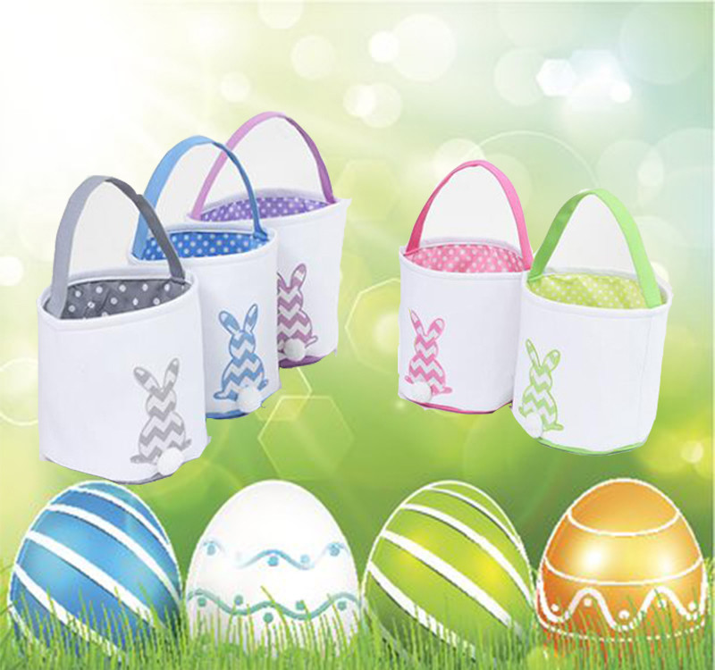 

Easter Striped Bunny Basket Festive Canvas Rabbit Printing Bucket with Plush Tail Toy Candy Tote Bag for Children Gifts