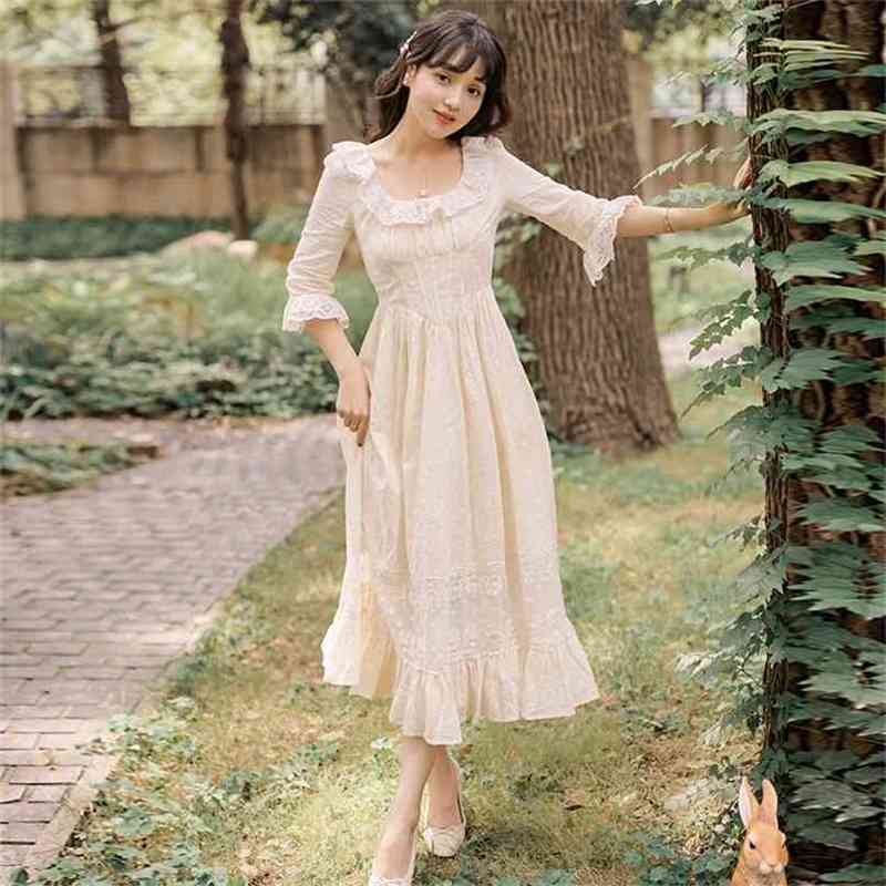 

Embroidery Lace Dresses for Woman Apricot Summer Vintage Party Vestido High Waisted Maxi Female Runway Clothes 210603, Clear