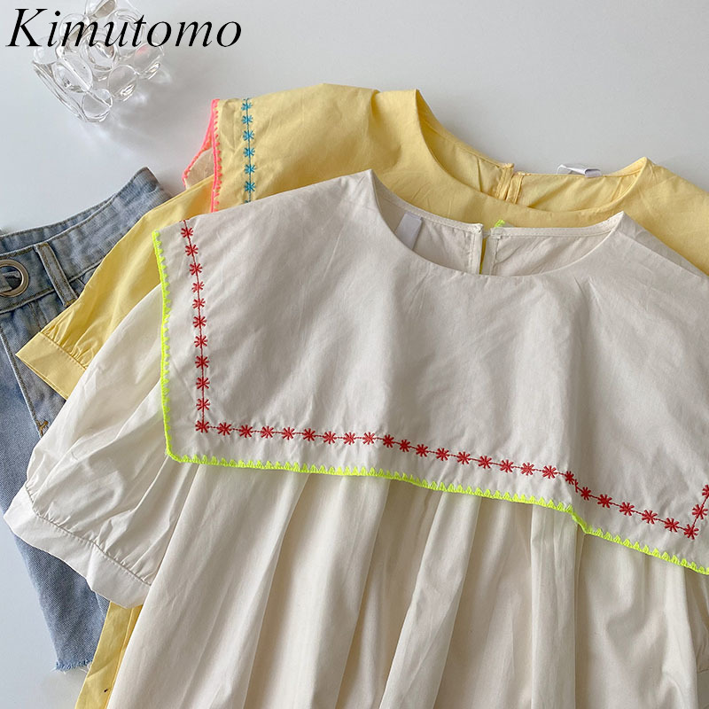 

Kimutomo Short Sleeve Blouse Women Summer French Retro Style Female Solid Sailor Collar Embroidery Shirt Casual Fashion 210521, Light yellow