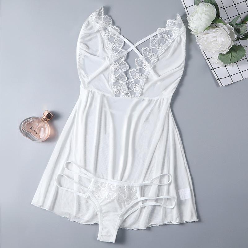 

Women' Sleepwear White Sexy Sling Nightdress Deep Lace Miniskirt Home Temptation Large Size Set