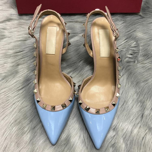 

Women Strappy Dress Shoes Designer Pointed Toe with Studs high heels genuine Leather rock rivets Sandals slingbacks pumps, As pic 1