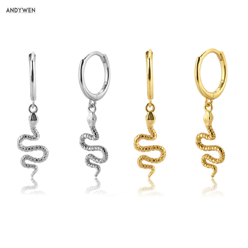 

ANDYWEN 925 Sterling Silver Gold Small Snake Pendant Pendiente Drop Earring Crystal CZ Zircon Piercing Fine Jewelry 210608