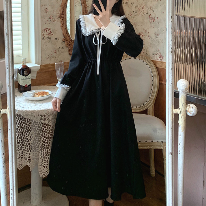 

Vintage Dress Women Sweet Lace Peter Pan Collar French Elegant Long Sleeve Lace-Up Fairy One Piece Dress Korean 2021 Spring Chic, Black