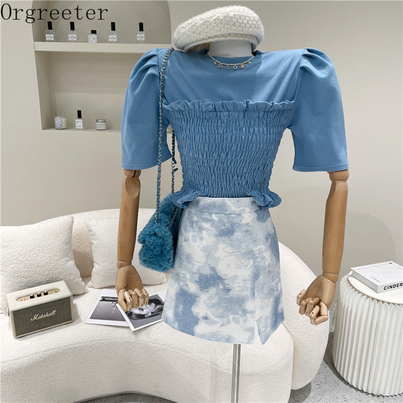 

Orgreeter Summer Elastic Waist Slim Stretchy Tshirt Puff Short-sleeve Solid Color Pullover Women Fashion Tee Tops 210525, Black