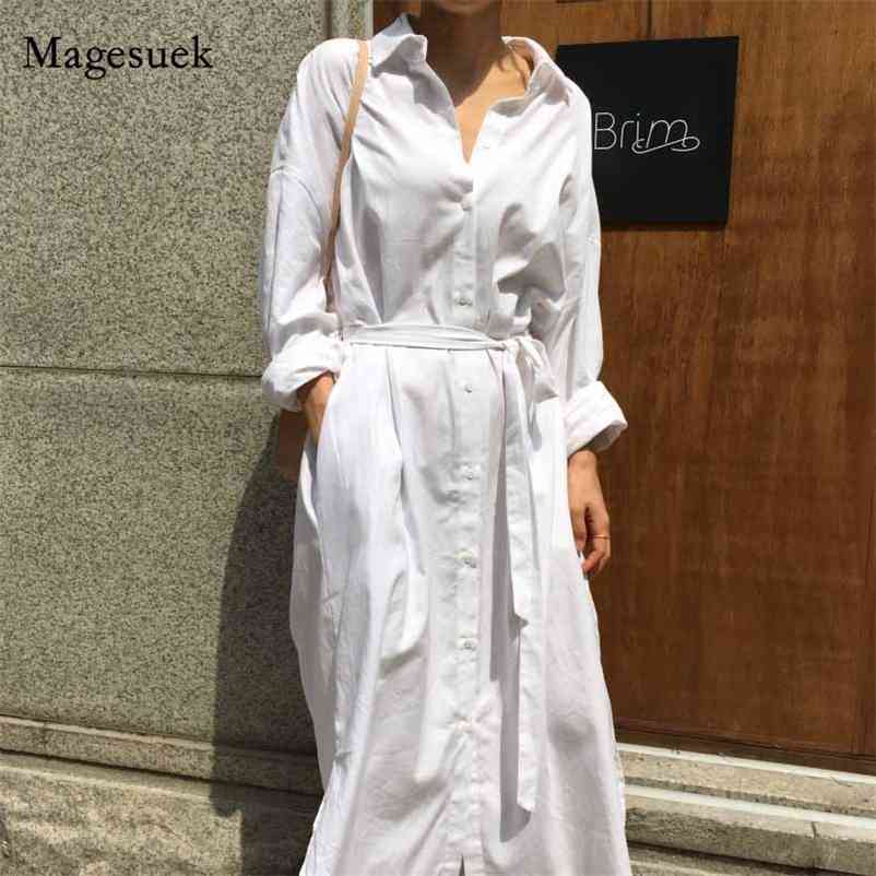 

Single Breasted Pockets Sashes Woman Long Dress Autumn Fashion White Turn-down Collar Sleeve Robe 12806 210518