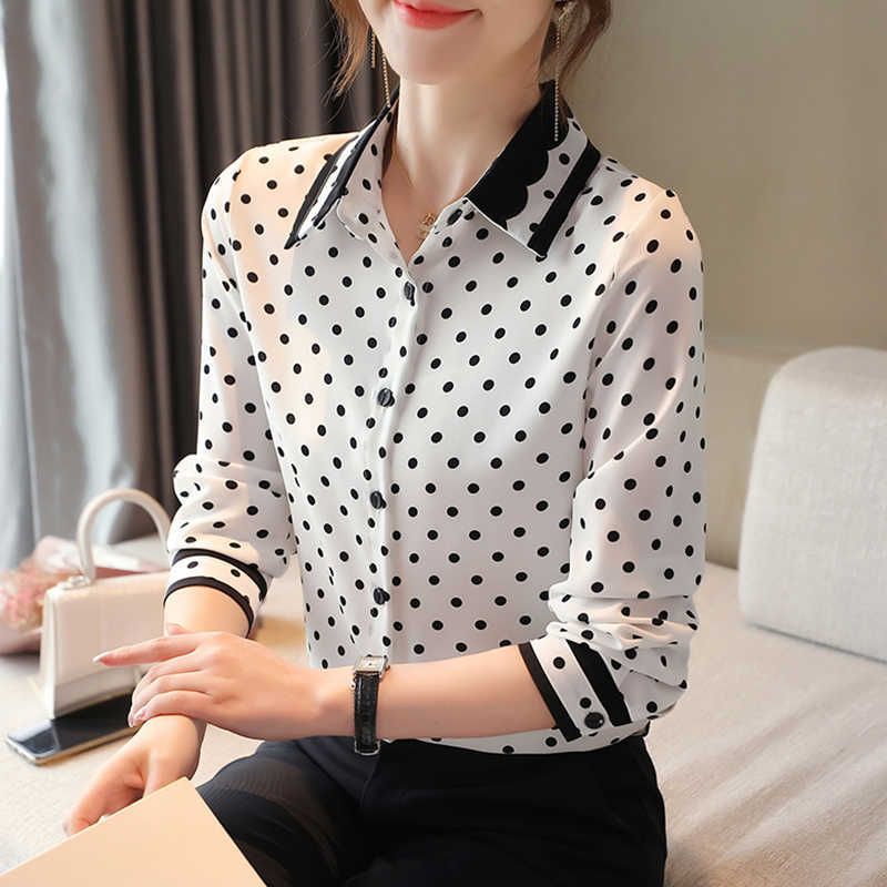 

Korean Women Chiffon Shirts White Shirt Woman Long Sleeve Blouse Office Lady Dot Print Tops Puls Size 210604