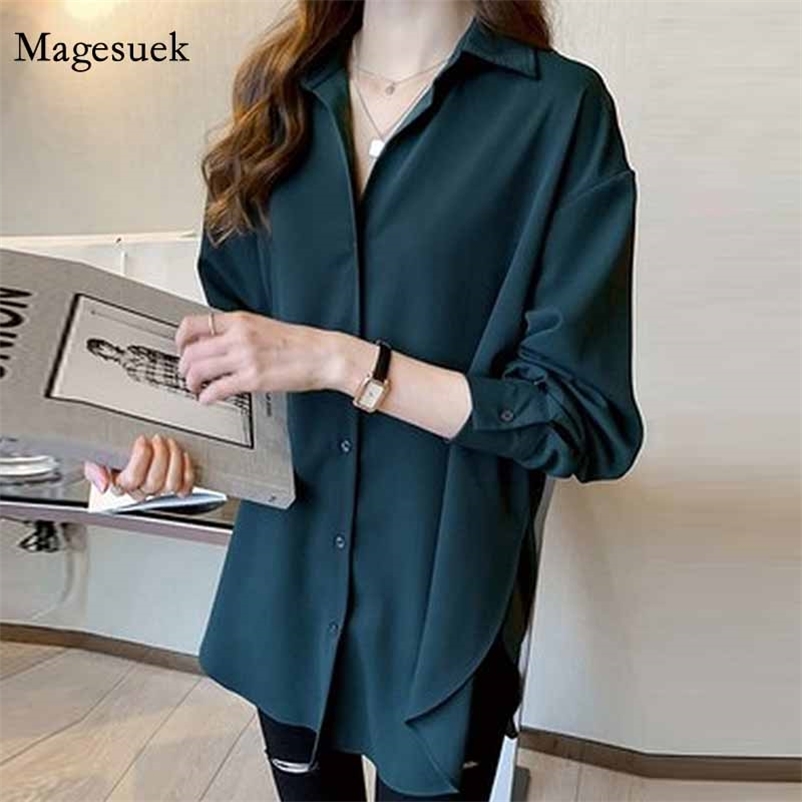 

Fashion Korean Loose Plus Size Chiffon White Blouse Women Black Shirt Long Sleeve Top Shirts Blusas Mujer 11576 210518, Dark green