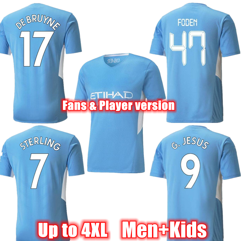

DE BRUYNE FODEN Player version Soccer Jerseys 2021-22 DIAS Home blue Away black Football shirts Third white Men + kids kit, Home cup printing