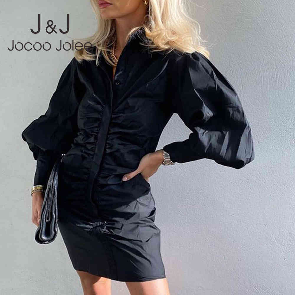 

Jocoo Jolee Elegant Long Sleeve Ruched Mini Shirt Dress Sexy Turn Down Collar Slim Pleated Buttons Bodycon Party Club Dresses 210518, Apricot
