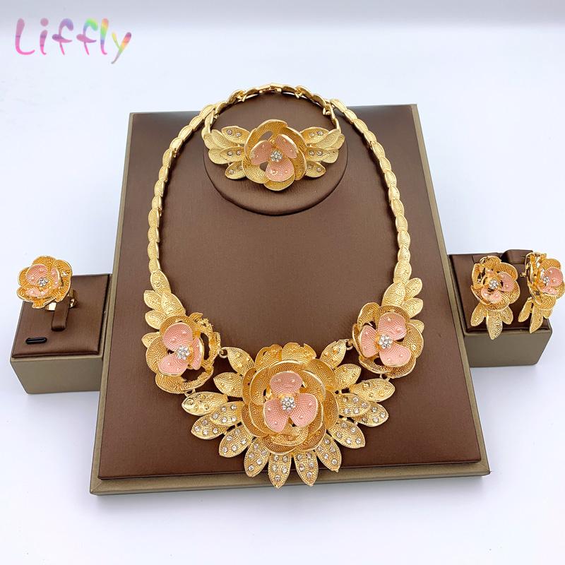 

Earrings & Necklace Fashion Jewelry Sets Bridal Flower Shape Bracelet For Women's Party Ring African Women, Silver