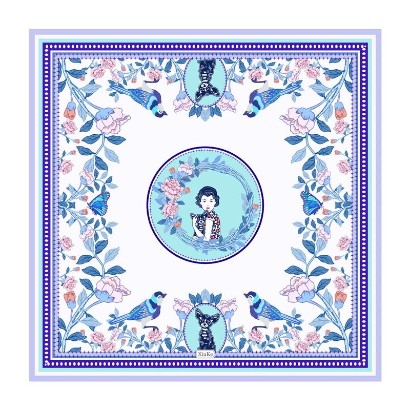 

[XiuKe]scarves Fashion Silk Scarf Printing Women Handkerchie Small Square Blue And White, Twill Shawl Size:52x52 Bandanas