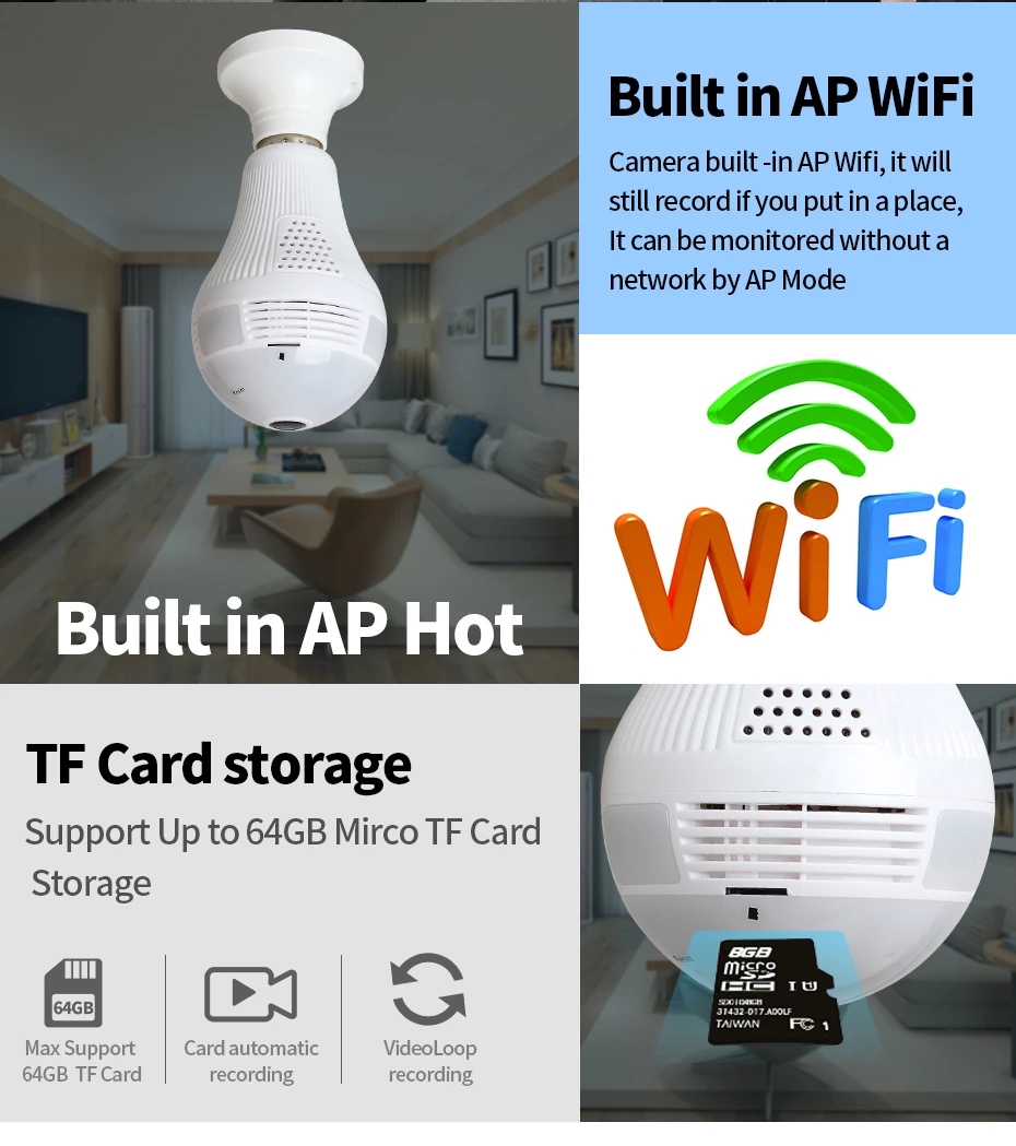 

1080P 2.0MP H.265 Security Wifi Camera Lamp 360D Panoramic Bulb IP CCTV Video Surveillance Fisheye HD Night Vision Two Way Audio