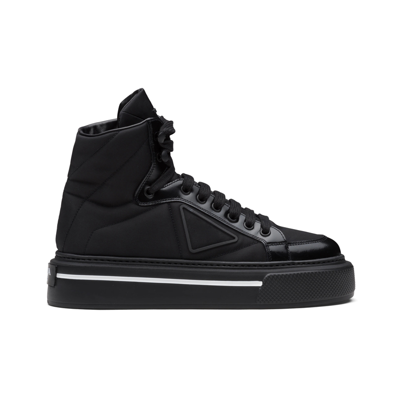 

Women's designer shoes leather and recycled nylon high top skateboard sneakers rubber thick soled triangular logo