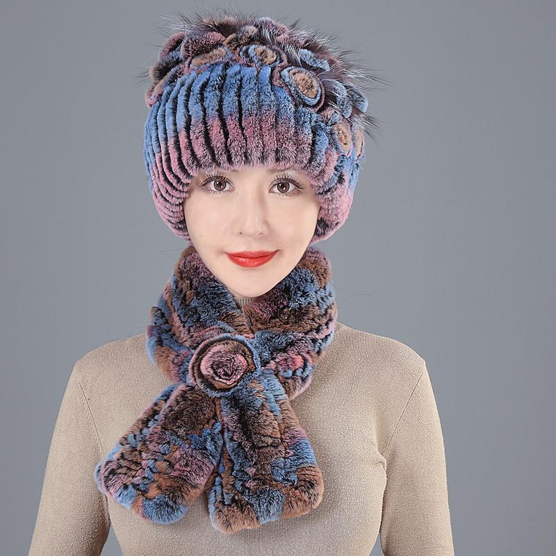 

Beanies Women Winter Fur Hat Scarf Sets Natural Warm Real Rex Cap Scarves Lady Knitted 100% Genuine Hats Muffler