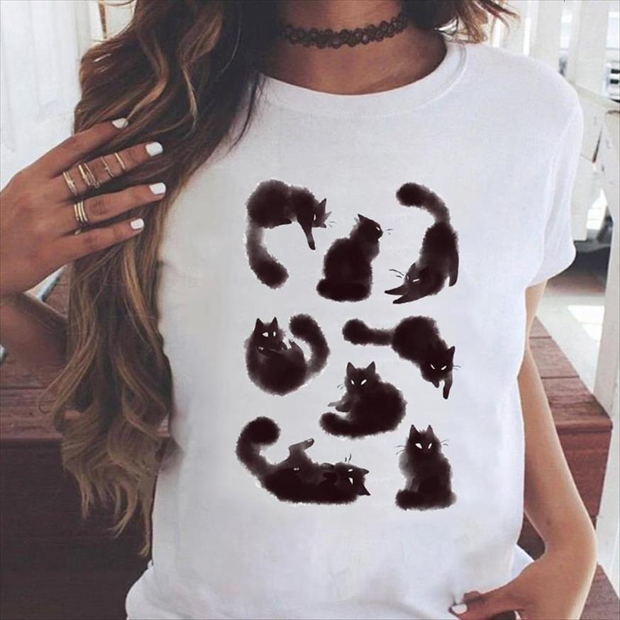 

graphic cat watercolor short sleeve women t shirts trend 90s pet fashion cartoon summer print female clothes tees, White