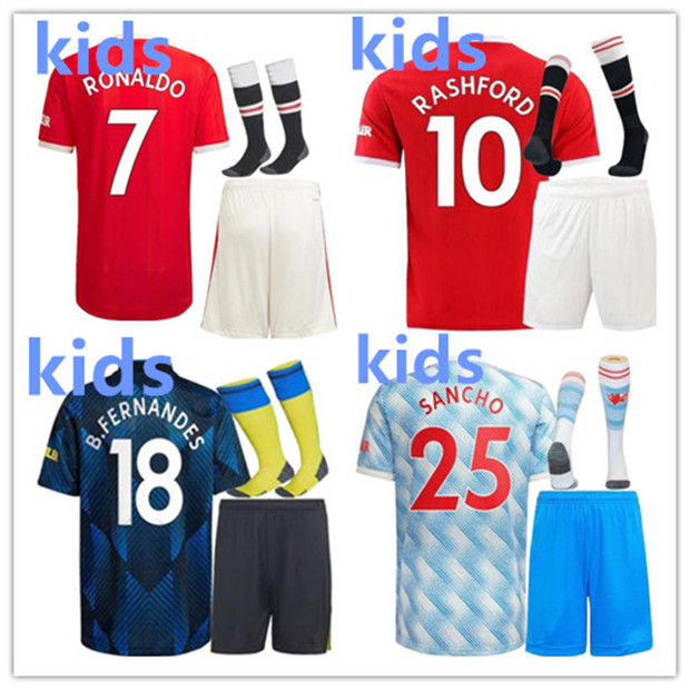 

kids 2021 2022 united Soccer Jersey kit 21/22 MAN RONALDO RASHFORD Football Shirt boys set uniform, 21/22 third no socks