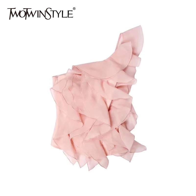 

Casual Irregular Ruffles Shirt For Female Skew Collar Sleeveless Off Shoulder Blouse Women Summer 210524, Pink