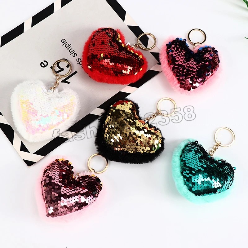 

Fashion Cute Heart Keychain Glitter Sequin Heart Plush Pompom Key Chain Women Bag Hanging Pendant Keyring Accessories