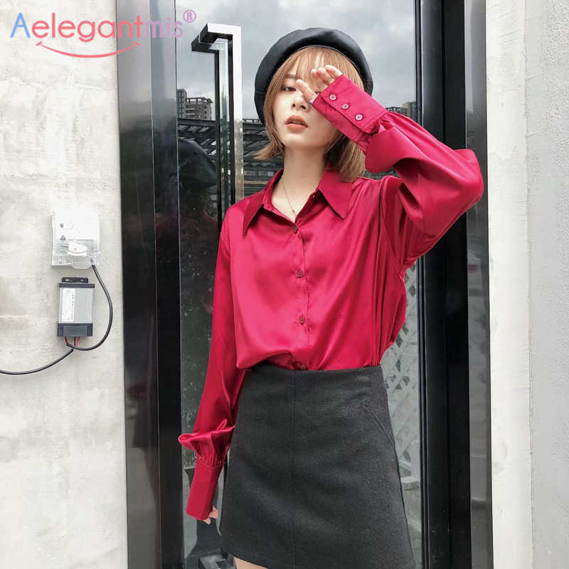 

Aelegantmis Women Loose Long Sleeve Blouses Shirts Red Turn Down Collar Office Lady Shirt Ladies OL Style Casual Tops 210607
