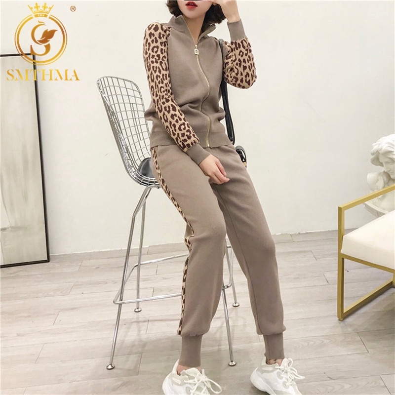 

Arrival Women Leopard Print Knitting Zipper Cardigans + Pencil Pants 2PCS Casual Tracksuits Jacket Trousers Sets 210520, Photo color