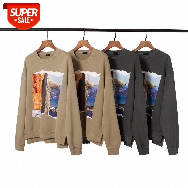 

War and Peace Printed Jacket Retro Distressed Hem Slit Hip Hop Crew Neck Sweatshirt Men #9e7v, Black