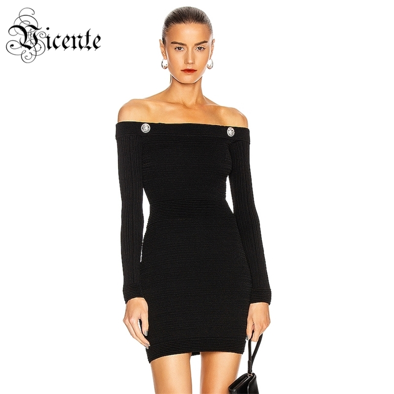 

Chic Button Design Sexy Off Shoulder Slash Neck Long Sleeves Celebrity Party Bandage Mini Dress 210520, Black