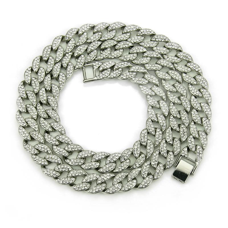 

Chains High Quality Cuban Link Necklace Fashion Hiphop Jewelry Crystal Rhinestones Iced Out Rapper Necklaces Men, Silver