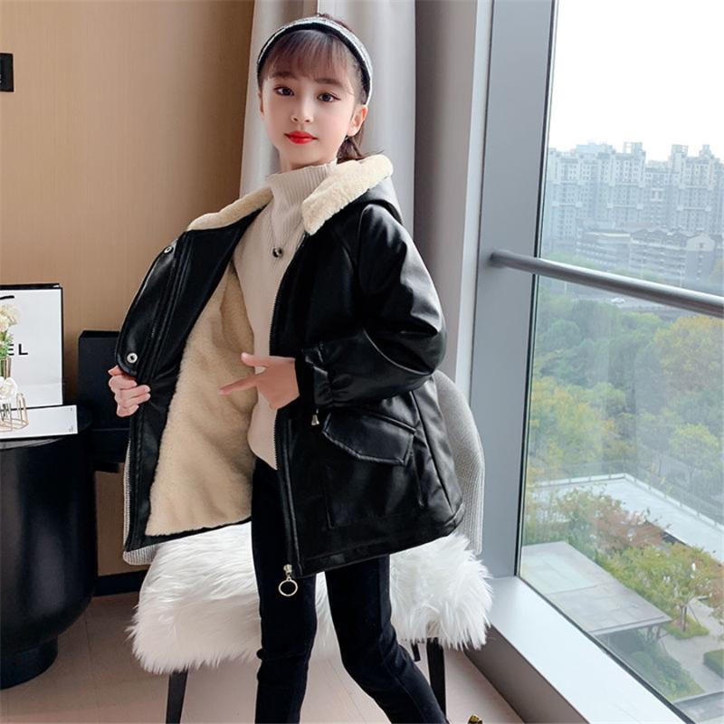 

Jackets Winter Girls Leather Windbreaker Fleece Thicken Mid-length Children's Outerwear Fashion Warm Year PU Trench Coat For Kids, As picture