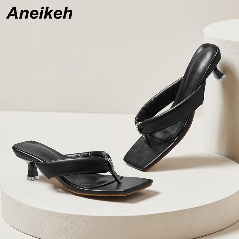 

Slippers Aneikeh Summer Ladies Shoes European And American Style Thong Square Toe Stiletto Shallow PU Fashion Neutral Solid, Black