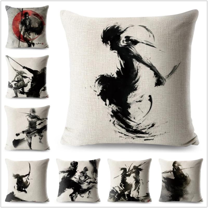 

Cushion/Decorative Pillow Watercolor Japanese Samurai Case Cartoon Ink 45*45 Cm Decorative Printed Cushion Cover For Sofa Home Polyester Pil