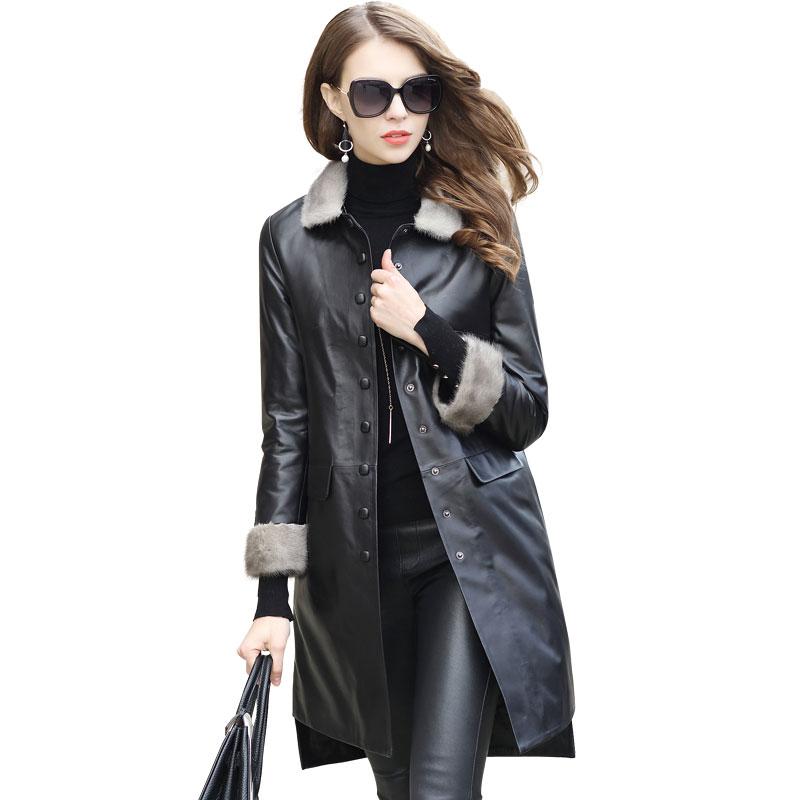 

Women's Leather & Faux Silk Twips 2021 Collar Coat Sheepskin Casual Thin Down Jacket Middle Length, Black