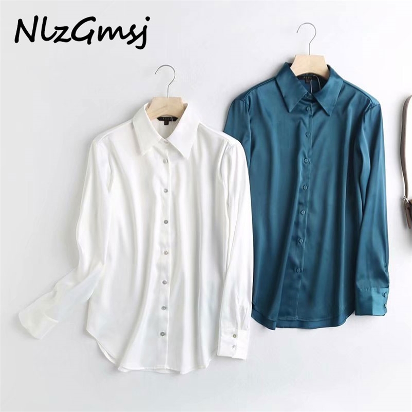 

Nlzgmsj women solid satin shirts long sleeve turn down collar elegant office ladies high quality tops blouses 210628, As picture