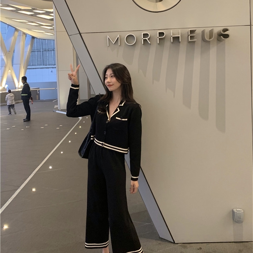 

Fashion spring small fragrant knit suit Korean lapel Slim short jacket wide leg pants two-piece 210520, Beige