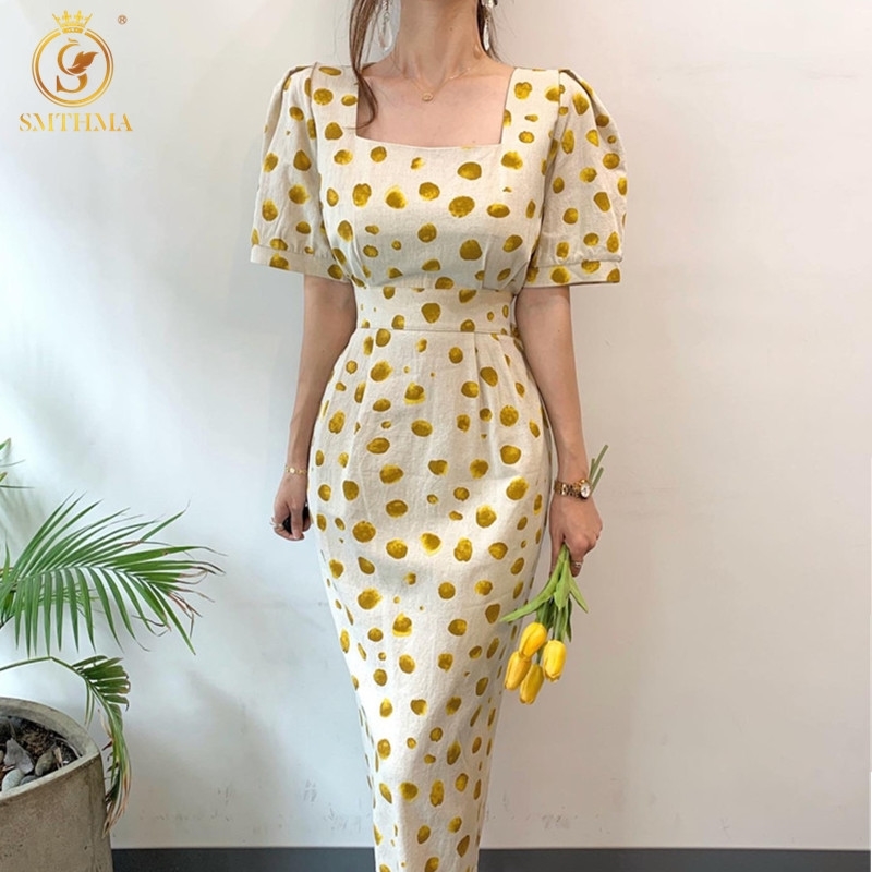 

Arrival Fashion Polk Dots Short Sleeve Summer Dresses Robe For Women Midi Vintage Elegant Office Party Clothes 210520, Photo color