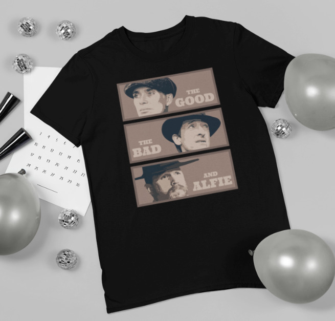 

R1 Peaky Blinders The Good The Bad And The Alfie By Order Parody Black T-Shirt, White;black