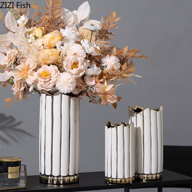 

Vases Gilded Painted Ceramic Vase Cylinder For Flowers Desk Decoration Ornaments Floral Flower Arrangement Nordic Home Decor