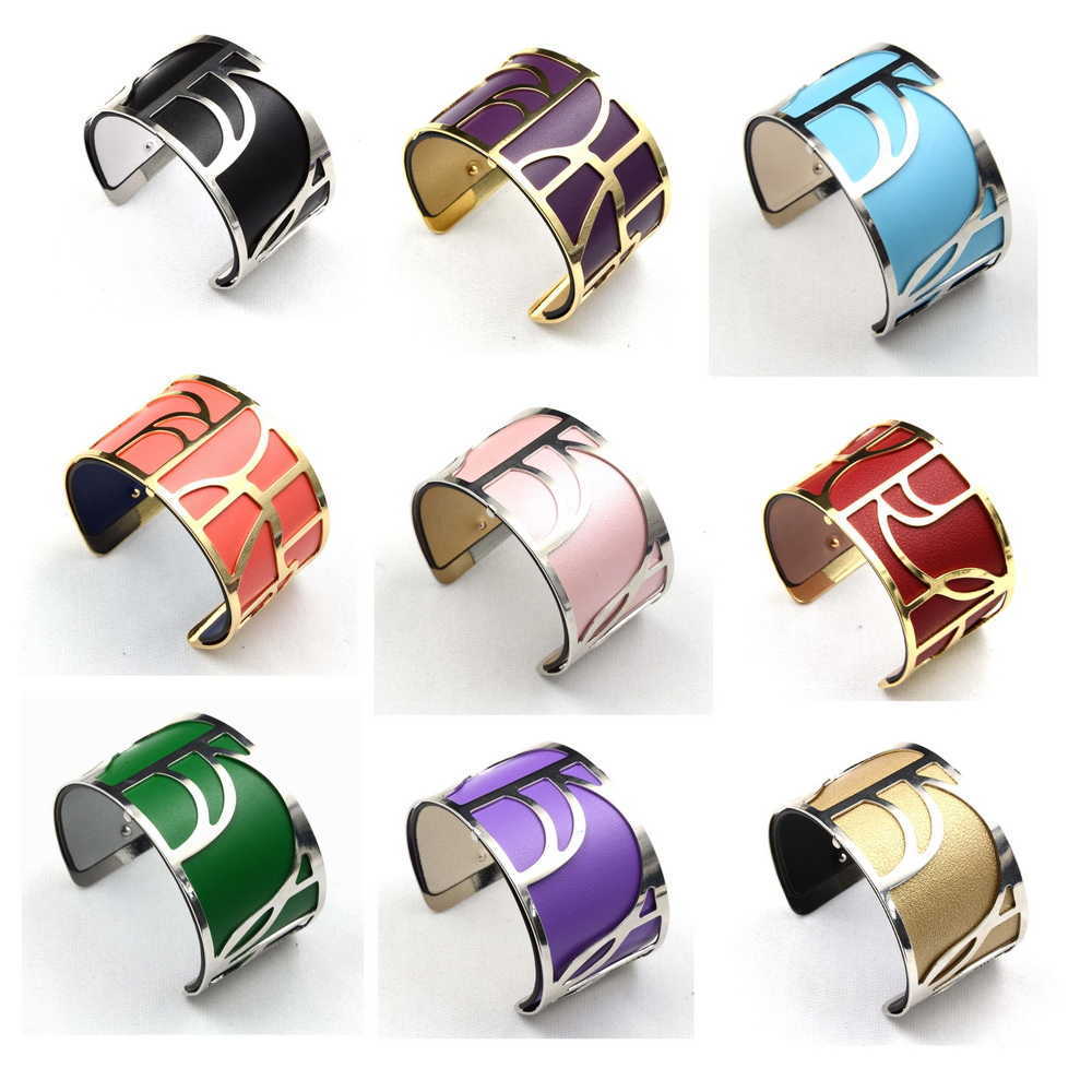 

40mm Pu Bracelet Manchette Cuff Finition Curves Gate Reversible Leather Inserts Created France High Quality Bijoux for Women Q0719