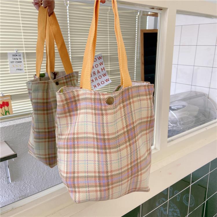 

Reusable Canvas Shopping Bag For Women Simple Design Ladies Plaid Top-handle Bags Large Capacity Female Small Daily Travel Tote Shoulder, Yellow