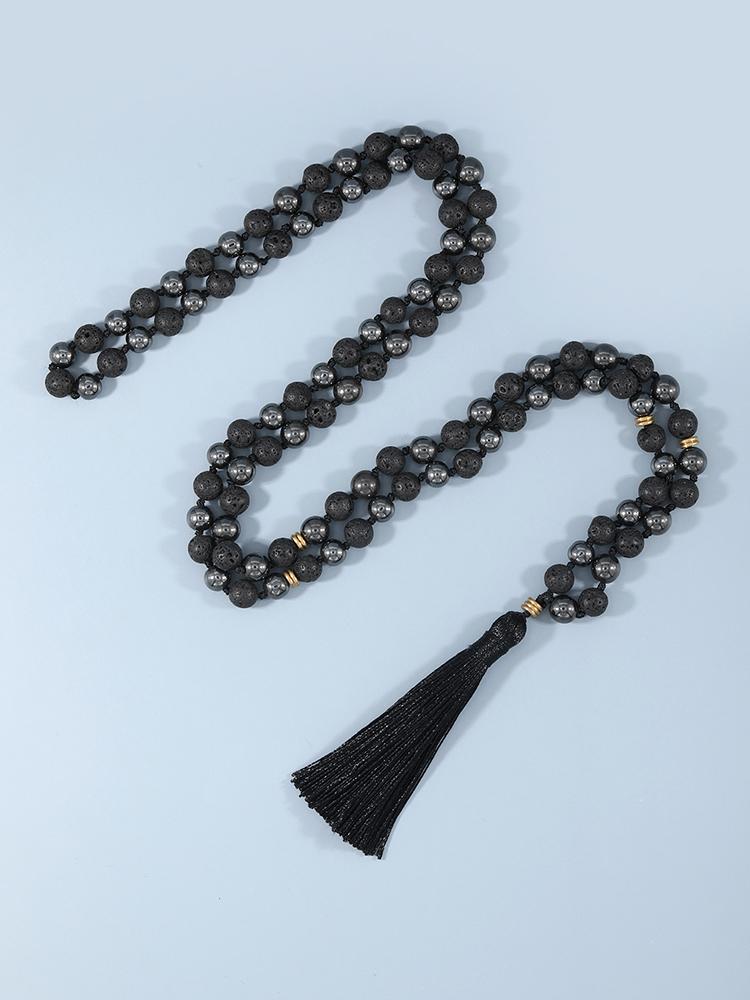 

Pendant Necklaces YUOKIAA Japamala 108 Beads Natural Lava Rock Round Black Necklace Hematite Jewelry Healing Meditation Mala Long Tassel, Silver