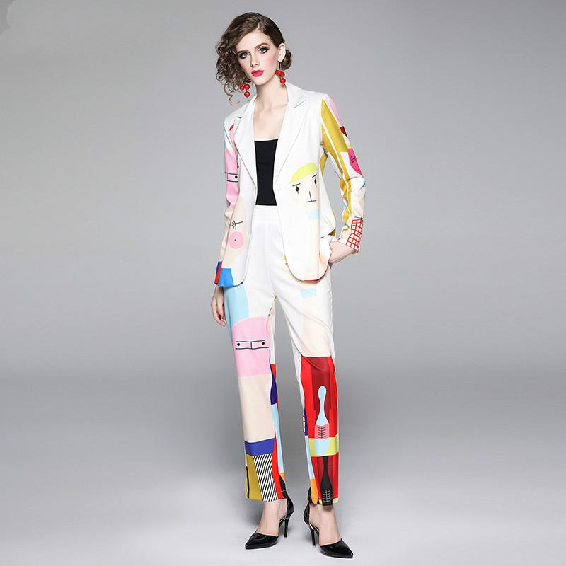 

Two Piece Dress Runway Cartoon Print Women Pant Suit Casual Notched Blazer Jacket+Elastic Waist Pocket 2021 Autumn Office 2 Set, White